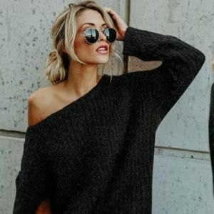 SEXY BLACK OFF SHOULDER FUZZY SWEATER